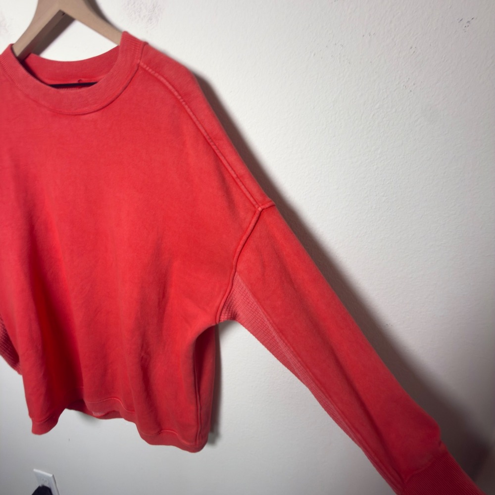 Aerie Women Sweatshirt Large Red Oversized Waffle Knit Inset Crewneck Pullover - Picture 3 of 5